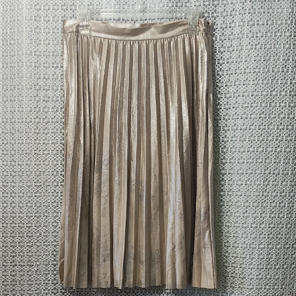 Maeve Shiny Gold Pleated Midi Skirt - Picture 2 of 11